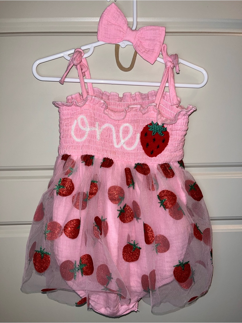 Strawberry "One" Tulle Baby Romper with Bow headband